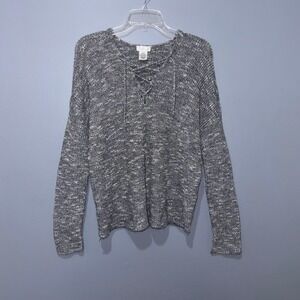 Trillium Sweater Womens M Gray Cotton Blend Lace Up V-Neck Marled Boho Knit Top